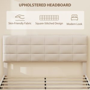 HOMCOM Queen Size Bed Frame with Upholstered Headboard, Modern Platform Bed Frame with Wood Slats, 1100 lbs Capacity, Cream - Image 4