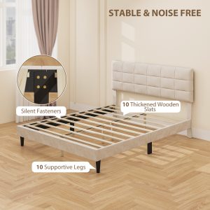 HOMCOM Queen Size Bed Frame with Upholstered Headboard, Modern Platform Bed Frame with Wood Slats, 1100 lbs Capacity, Cream - Image 5