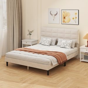 HOMCOM Queen Size Bed Frame with Upholstered Headboard, Modern Platform Bed Frame with Wood Slats, 1100 lbs Capacity, Cream - Image 7