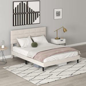 HOMCOM Queen Size Bed Frame with Upholstered Headboard, Modern Platform Bed Frame with Wood Slats, 1100 lbs Capacity, Cream - Image 9