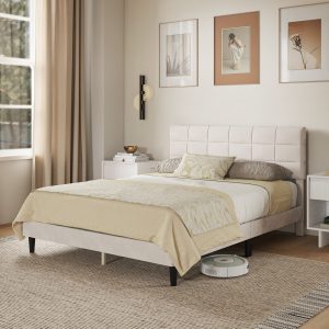 HOMCOM Queen Size Bed Frame with Upholstered Headboard, Modern Platform Bed Frame with Wood Slats, 1100 lbs Capacity, Cream - Image 10