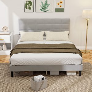 HOMCOM Queen Size Bed Frame with Upholstered Headboard, Modern Platform Bed Frame with Wood Slats, 1100 lbs Capacity, Grey - Image 1
