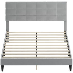 HOMCOM Queen Size Bed Frame with Upholstered Headboard, Modern Platform Bed Frame with Wood Slats, 1100 lbs Capacity, Grey - Image 2