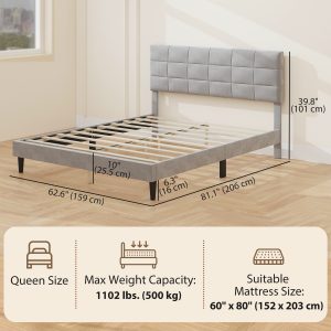 HOMCOM Queen Size Bed Frame with Upholstered Headboard, Modern Platform Bed Frame with Wood Slats, 1100 lbs Capacity, Grey - Image 3