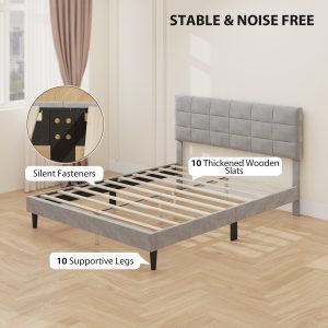 HOMCOM Queen Size Bed Frame with Upholstered Headboard, Modern Platform Bed Frame with Wood Slats, 1100 lbs Capacity, Grey - Image 5