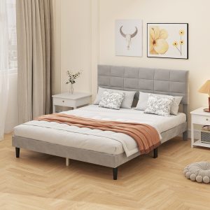 HOMCOM Queen Size Bed Frame with Upholstered Headboard, Modern Platform Bed Frame with Wood Slats, 1100 lbs Capacity, Grey - Image 7