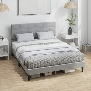 HOMCOM Queen Size Bed Frame with Upholstered Headboard, Modern Platform Bed Frame with Wood Slats, 1100 lbs Capacity, Grey - Image 8