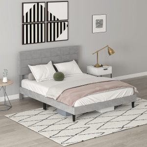 HOMCOM Queen Size Bed Frame with Upholstered Headboard, Modern Platform Bed Frame with Wood Slats, 1100 lbs Capacity, Grey - Image 9
