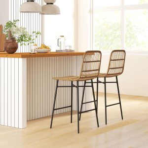 HOMCOM Rattan Counter Height Bar Stools Set of 2, 26" Counter Stools with Back, Modern Bar Chairs for Kitchen Island, Brown - Image 1