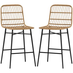 HOMCOM Rattan Counter Height Bar Stools Set of 2, 26" Counter Stools with Back, Modern Bar Chairs for Kitchen Island, Brown - Image 2