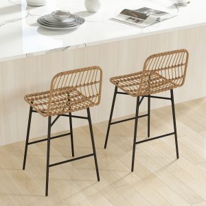 HOMCOM Rattan Counter Height Bar Stools Set of 2, 26" Counter Stools with Back, Modern Bar Chairs for Kitchen Island, Brown - Image 8