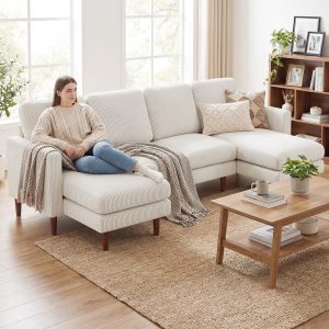 HOMCOM Sectional Sofa, Corduroy U Shaped Couch with Double Chaise and Spring Cushions, 2200lb Capacity, Beige - Image 1