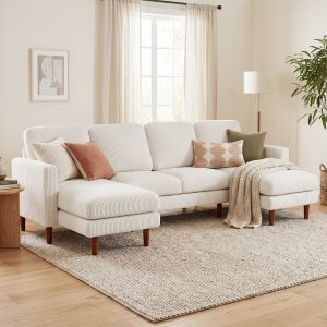 HOMCOM Sectional Sofa, Corduroy U Shaped Couch with Double Chaise and Spring Cushions, 2200lb Capacity, Beige - Image 18