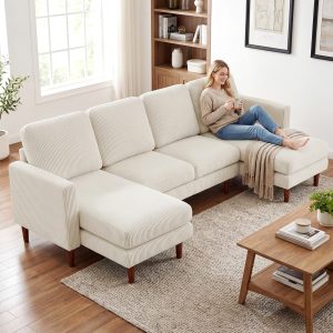 HOMCOM Sectional Sofa, Corduroy U Shaped Couch with Double Chaise and Spring Cushions, 2200lb Capacity, Beige - Image 9
