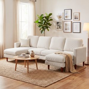 HOMCOM Sectional Sofa, Corduroy U Shaped Couch with Double Chaise and Spring Cushions, 2200lb Capacity, Beige - Image 10