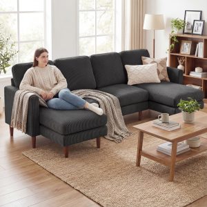 HOMCOM Sectional Sofa, Corduroy U Shaped Couch with Double Chaise and Spring Cushions, 2200lb Capacity, Dark Grey - Image 1
