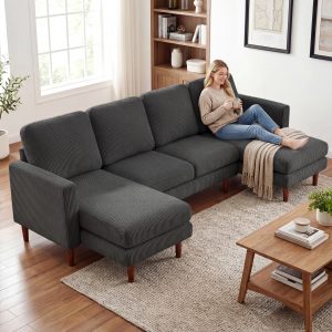 HOMCOM Sectional Sofa, Corduroy U Shaped Couch with Double Chaise and Spring Cushions, 2200lb Capacity, Dark Grey - Image 29