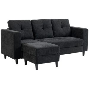 HOMCOM Sectional Sofa, L Shaped Corner Sofa with Changeable Chaise, High-density Foam Padding Seat, Linen Fabric, Wooden Legs, Black - Image 2