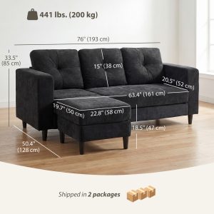 HOMCOM Sectional Sofa, L Shaped Corner Sofa with Changeable Chaise, High-density Foam Padding Seat, Linen Fabric, Wooden Legs, Black - Image 3