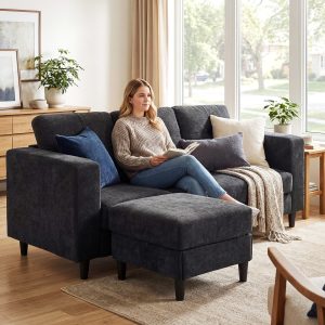 HOMCOM Sectional Sofa, L Shaped Couch with Changeable Chaise, Wooden Legs, Black - Image 1