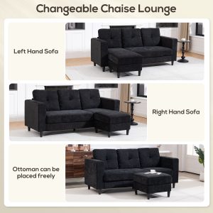 HOMCOM Sectional Sofa, L Shaped Couch with Changeable Chaise, Wooden Legs, Black - Image 13