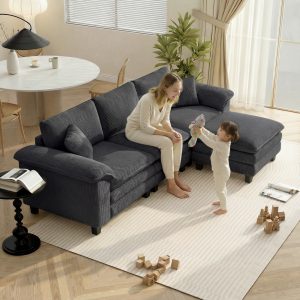 HOMCOM Sectional Sofa, L Shaped Couch with Deep Seat, Movable Ottoman and Pillow-top Armrests, Dark Grey - Image 31