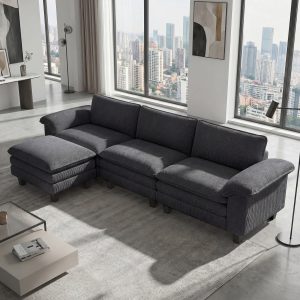 HOMCOM Sectional Sofa, L Shaped Couch with Deep Seat, Movable Ottoman and Pillow-top Armrests, Dark Grey - Image 33