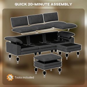 HOMCOM Sectional Sofa, L Shaped Couch with Deep Seat, Movable Ottoman and Pillow-top Armrests, Dark Grey - Image 23