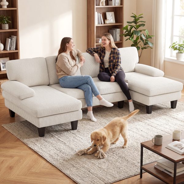 HOMCOM Sectional Sofa, U Shaped Couch with Double Chaise, Pillow-top Armrests and Spring Cushions, 2200lb Capacity, Beige - Image 1