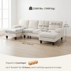 HOMCOM Sectional Sofa, U Shaped Couch with Double Chaise, Pillow-top Armrests and Spring Cushions, 2200lb Capacity, Beige - Image 13