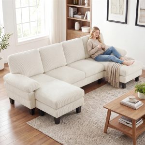 HOMCOM Sectional Sofa, U Shaped Couch with Double Chaise, Pillow-top Armrests and Spring Cushions, 2200lb Capacity, Beige - Image 29