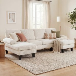 HOMCOM Sectional Sofa, U Shaped Couch with Double Chaise, Pillow-top Armrests and Spring Cushions, 2200lb Capacity, Beige - Image 8