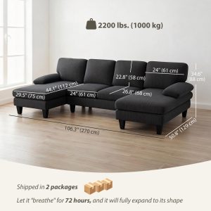 HOMCOM Sectional Sofa, U Shaped Couch with Double Chaise, Pillow-top Armrests and Spring Cushions, 2200lb Capacity, Dark Grey - Image 3