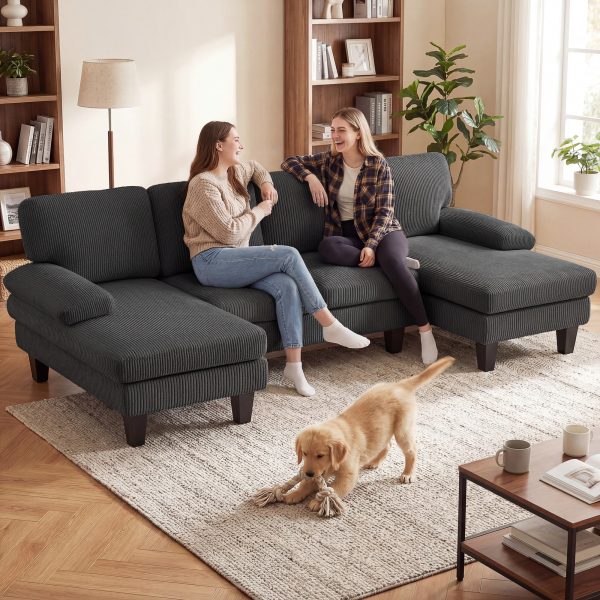 HOMCOM Sectional Sofa, U Shaped Couch with Double Chaise, Pillow-top Armrests and Spring Cushions, 2200lb Capacity, Dark Grey - Image 1