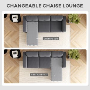 HOMCOM Sectional Sofa with Changeable Chaise Lounge, 3 Seat L-Shaped Small Space Sofa, Upholstered Couch for Small Space, Dark Grey - Image 18