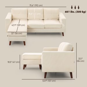 HOMCOM Sectional Sofa with Changeable Chaise Lounge, 3 Seat L-Shaped Sofa, Upholstered Couch for Small Space, Cream White - Image 23