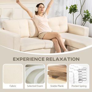 HOMCOM Sectional Sofa with Changeable Chaise Lounge, 3 Seat L-Shaped Sofa, Upholstered Couch for Small Space, Cream White - Image 5