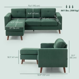 HOMCOM Sectional Sofa with Changeable Chaise Lounge, 3 Seat L-Shaped Sofa, Upholstered Couch for Small Space, Dark Green - Image 15