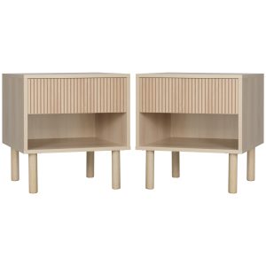 HOMCOM Set of 2 Bedroom Nightstands, Side Table with Storage Shelf and Drawer for Living Room, Bedroom, Natural Wood - Image 2
