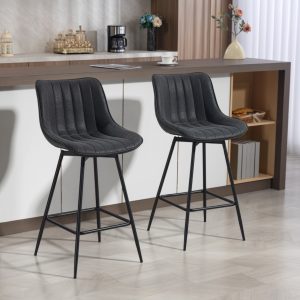 HOMCOM Set of 2 Counter Height Barstools, PU Leather Upholstered Bar Stools with Backrest, Footrest and Steel Legs, Black - Image 1