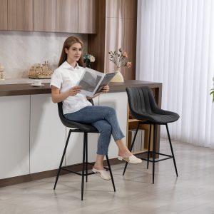 HOMCOM Set of 2 Counter Height Barstools, PU Leather Upholstered Bar Stools with Backrest, Footrest and Steel Legs, Black - Image 10