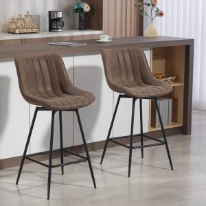 HOMCOM Set of 2 Counter Height Barstools, PU Leather Upholstered Bar Stools with Backrest, Footrest and Steel Legs, Brown - Image 1