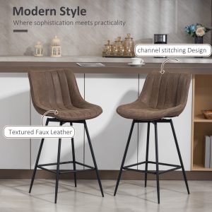 HOMCOM Set of 2 Counter Height Barstools, PU Leather Upholstered Bar Stools with Backrest, Footrest and Steel Legs, Brown - Image 4