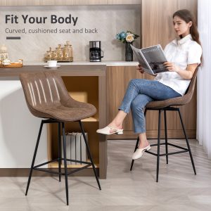 HOMCOM Set of 2 Counter Height Barstools, PU Leather Upholstered Bar Stools with Backrest, Footrest and Steel Legs, Brown - Image 6