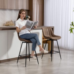 HOMCOM Set of 2 Counter Height Barstools, PU Leather Upholstered Bar Stools with Backrest, Footrest and Steel Legs, Brown - Image 10