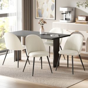 HOMCOM Set of 4 Modern Dining Chairs, Velvet Upholstered Kitchen Chairs with Steel Legs for Living Room, Cream White - Image 1