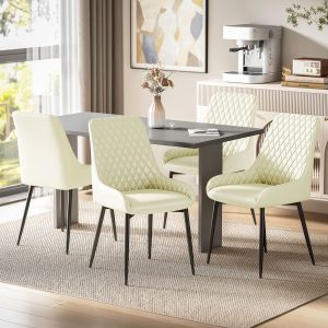 HOMCOM Set of 4 Upholstered Kitchen Chairs, Modern Dining Chairs with Diamond Tufting and Steel Legs for Dining Room, Cream White - Image 1