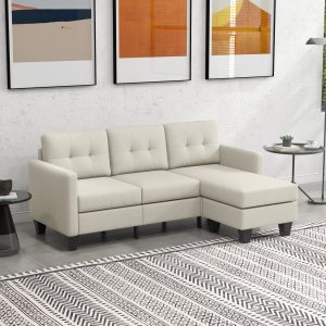 HOMCOM Small Corner Sofa, 3 Seater Sectional Couch with Ottoman, Corner Sofa with Thick Padded Cushion and Wood Legs, Beige - Image 1