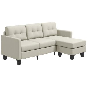 HOMCOM Small Corner Sofa, 3 Seater Sectional Couch with Ottoman, Corner Sofa with Thick Padded Cushion and Wood Legs, Beige - Image 2