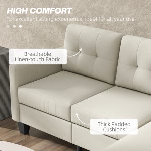 HOMCOM Small Corner Sofa, 3 Seater Sectional Couch with Ottoman, Corner Sofa with Thick Padded Cushion and Wood Legs, Beige - Image 4